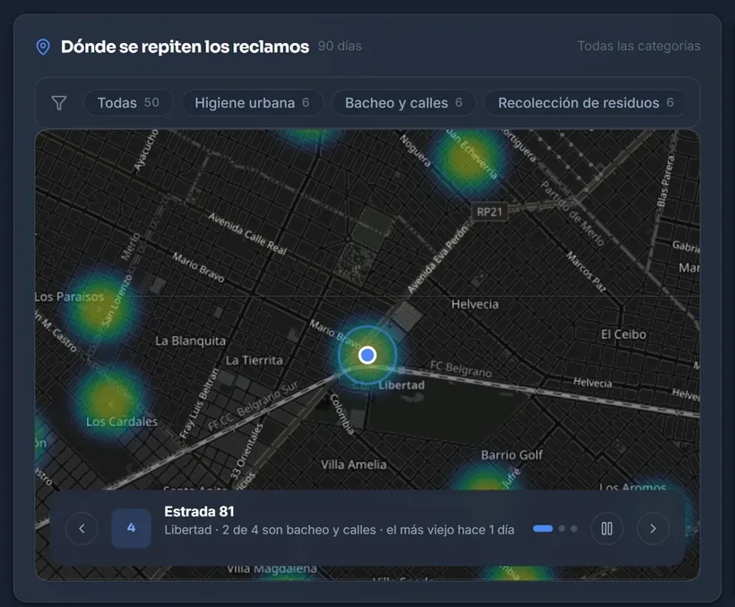 Mapa de calor: dónde se repiten los reclamos sobre las calles del municipio